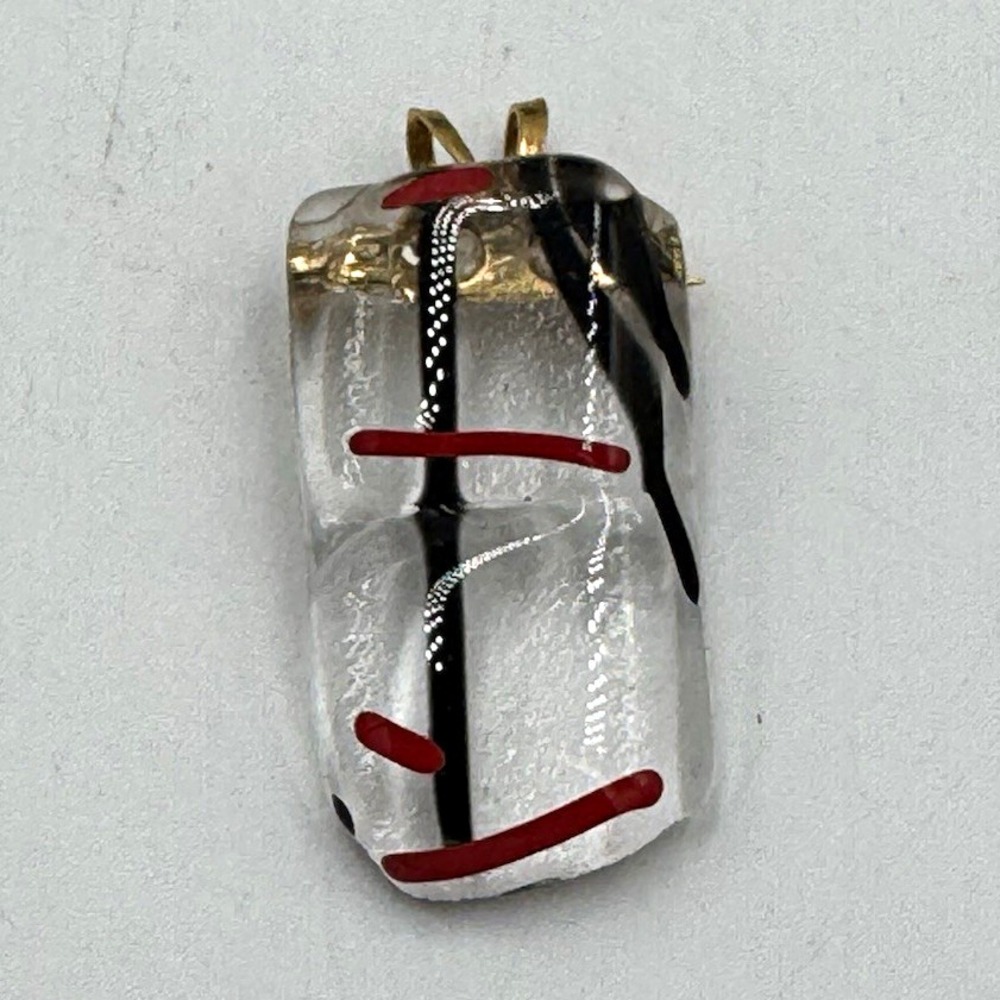 Rectangular Clear Glass Charm Pendant w/ Gold-Tone Bail Black & Red Design